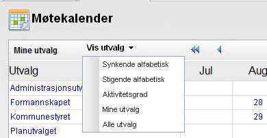 4.1 Utvalg som vises Utvalgene i kalenderen er lagt inn av systemadministrator, men i en nedtrekksliste kan du velge rekkefølge og hvilke utvalg som skal vises. 4.