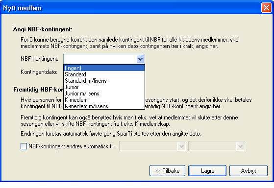 I nedtrekksmenyen vises mulige kontingenter. Når ett av valgene i nedtrekksmenyen velges vil forslag til kontingentdato automatisk fylles inn. Velg en av måtene å registrere kontingent og velg lagre.