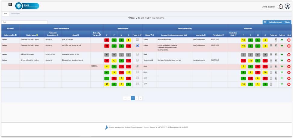 søke- og sorteringsmuligheter samt mulighet for utskrift Klikk på risikoelementet og vurder risikonivå.