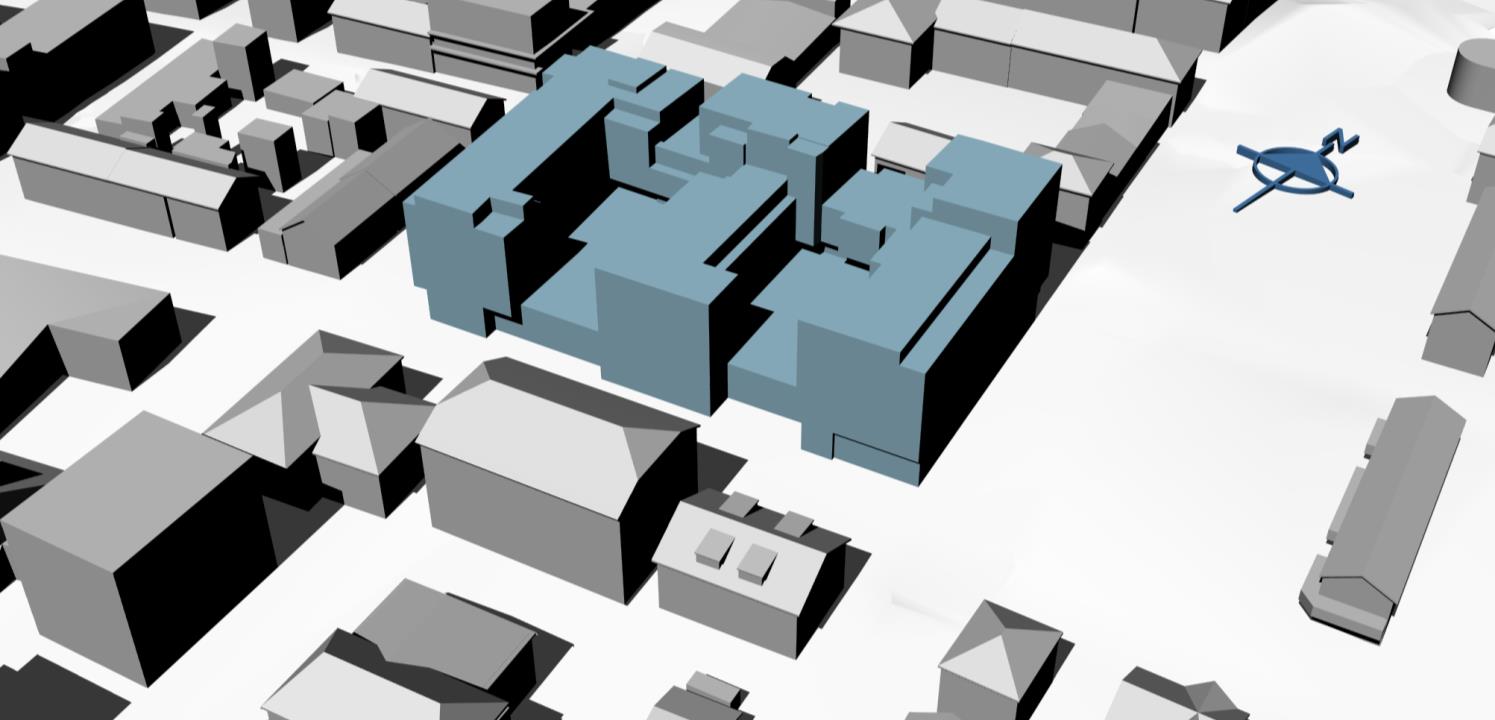 Figur 9. 3D modell av Kvartal 30 med omliggende bebyggelse og terreng.