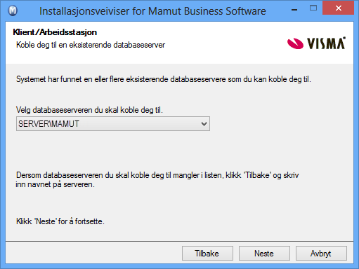 Under installasjon I dette vinduet velger du hvilken databaseserver du vil koble deg til.