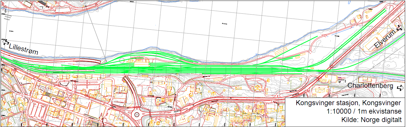 3.7 Alternativ 7 Kongsvinger stasjon Sporoptimalisering av dagens stasjon. Området er regulert til jernbaneformål.