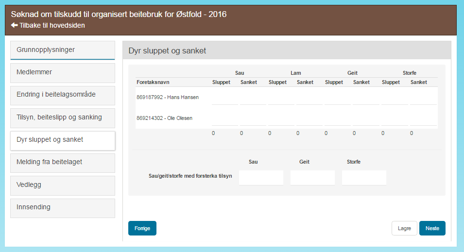 DYR SLUPPET OG SANKET På denne siden skal du fylle ut informasjon om antall sluppet og sanket dyr per medlem.