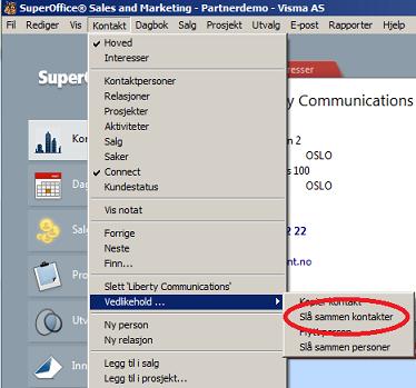 Anbefaler at den mest korrekte/komplette kontakten står i Til feltet. NB! Hvis kontaktene har identiske navn kan det være vanskelig å skille de i denne dialogen.