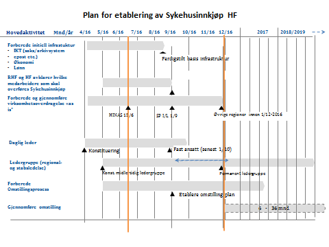 2. Hovedpunkter og vurdering av handlingsalternativer Plan for virksomhetsoverdragelse, utvikling og oppbygging av Sykehusinnkjøp HF foreslås løst etter følgende plan: Planen baserer seg på premiss