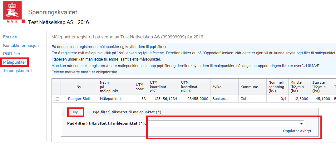 Etter klikk på vil man få et skjermbilde der man kan redigere målepunktet og/eller opprette en tilknyting til en pqd-fil. Velg ønsket pqd-fil og klikk Oppdater.