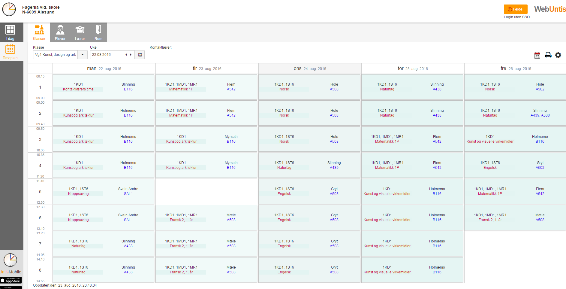 Timeplan WebUntis (link på hjemmesiden) Klassetimeplaner og elevtimeplaner En del justeringer de to første ukene.