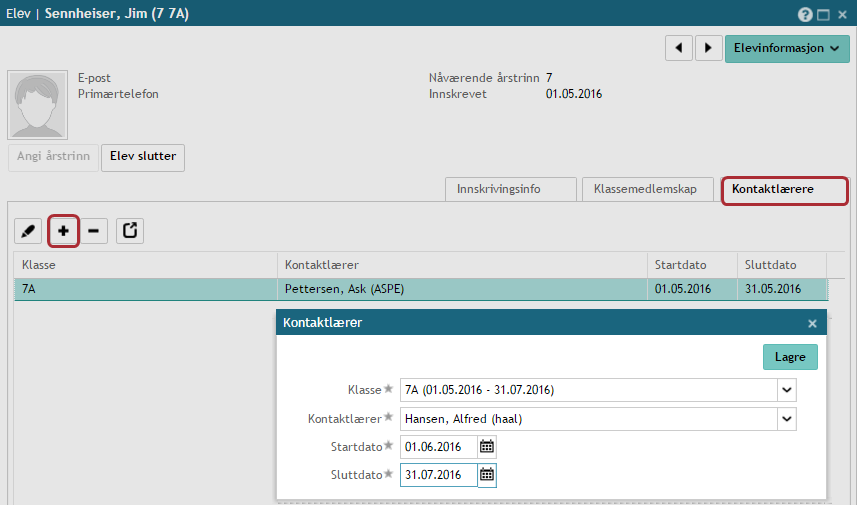 Elev bytter kontaktlærer Gå til Administrasjon Elever marker eleven - klikk på Elevinformasjon Gå til fane Kontaktlærere klikk Legg til (+) - velg ny kontaktlærer i nedtrekksmenyen.