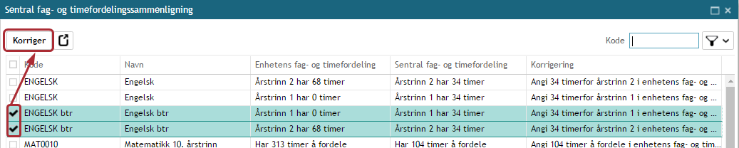 Klikker man nå på knappen «Sammenligne» vil man få en oversikt over hva som er ulikhetene mellom den sentrale og den lokale fordelingen: Dersom man ønsker å endre tilbake til samme fordeling som på