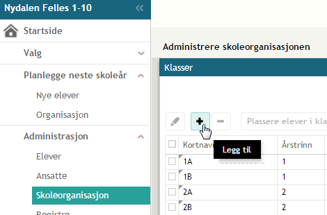 Opprette ny klasse dette skoleår (Administrasjon) Dersom dere skal ha en ekstra klasse som mangler i klassestrukturen kan du legge til klassen du mangler.