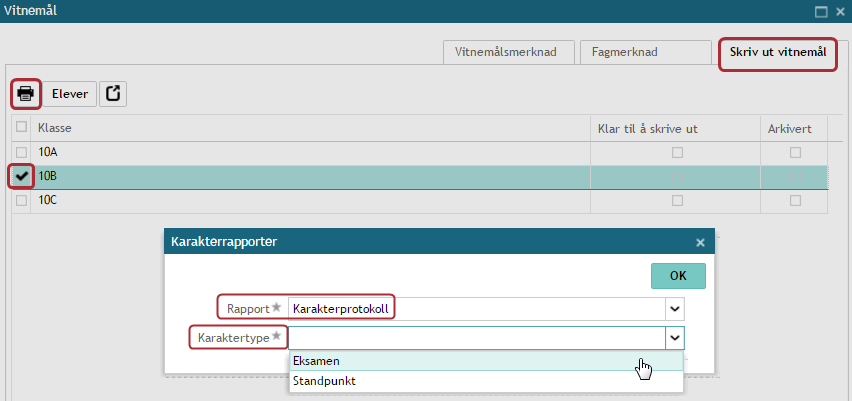 Karakterprotokoll Du har mulighet til å skrive ut karakterprotokoll fra fanene «Halvårsvurdering» og «Vitnemål» hvis du velger utskrift for hel klasse. Ved valg av karakterprotokoll for 10.