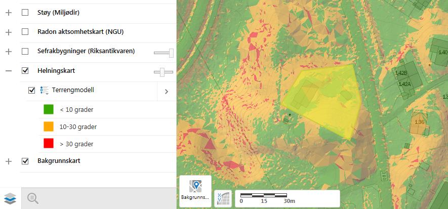 Automatiserte analyser på DOK-data En vanlig overlay-analyse viser at eiendommen ikke ligger i kvikkleirefaresone.