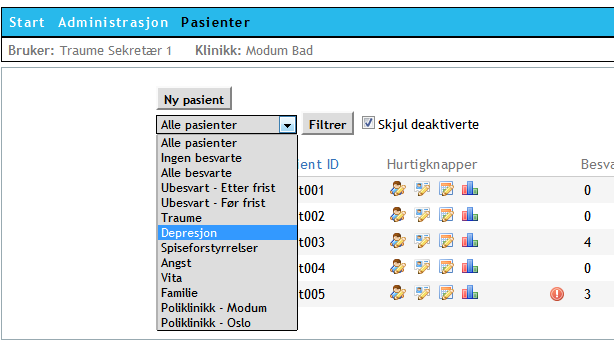 Praktisk «Kartlegginger» fanen med rapport er essensen for behandlere En kartlegging vil vise repeterte grafer for de forrige x leverte kartlegginger basert fra den kartlegging/rapport du trykket på