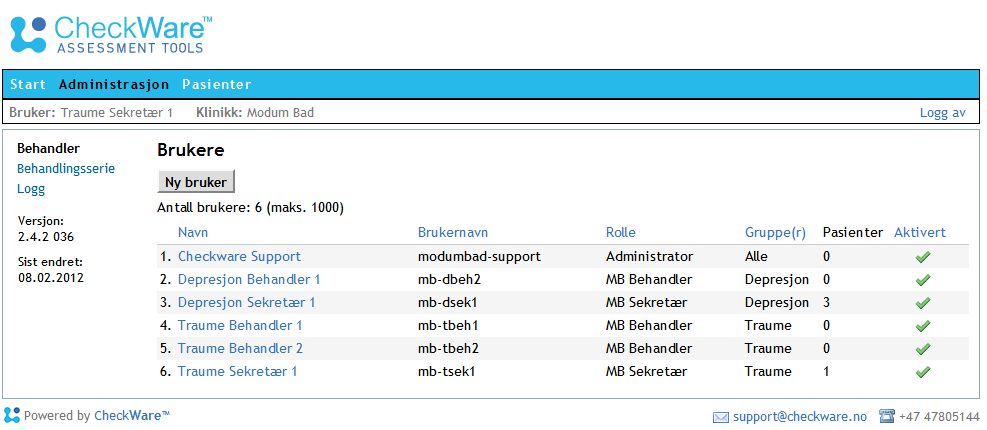 Administrasjon av brukere Gjelder bare for Sekretærer og administratorer. Bruker = Sekretærer, behandlere ol.