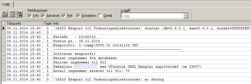 Rapportering til Udir Rapporten som benyttes for å levere data til Udir heter 1A020 og finnes i mappen Eksporter/Andre rapporter. Rapporten kjøres med utvalg.