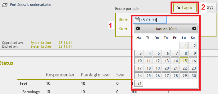 3) Som standard står Start- og Sluttdato henholdsvis 01.01 og 31.12. For å endre dette, trykk på de blå feltene for dato (1), og bruk kalenderen som dukker opp og klikk på ønsket dato.