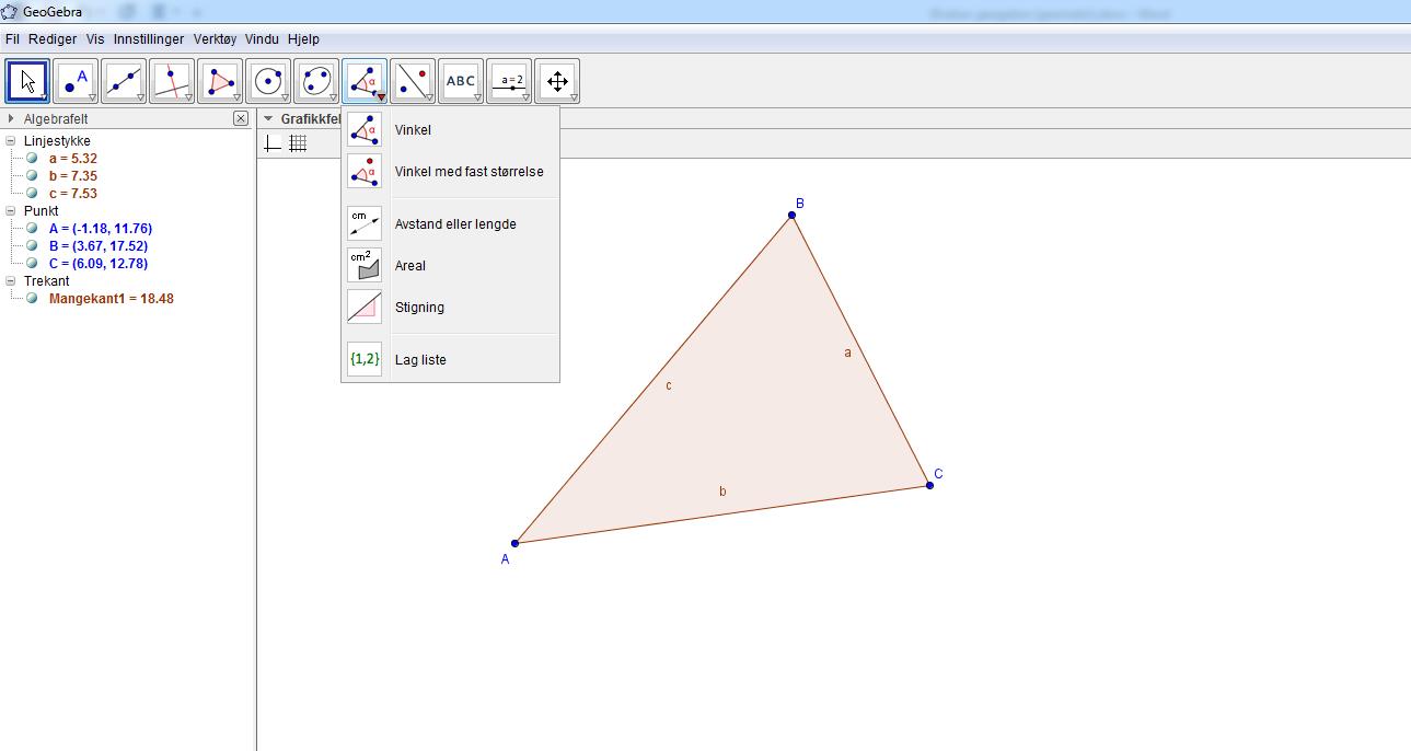 Øvelse 5. Vinkelsum i mangekant I denne øvelsen skal vi se på hva vinkelsummen blir i en trekant og firkant.