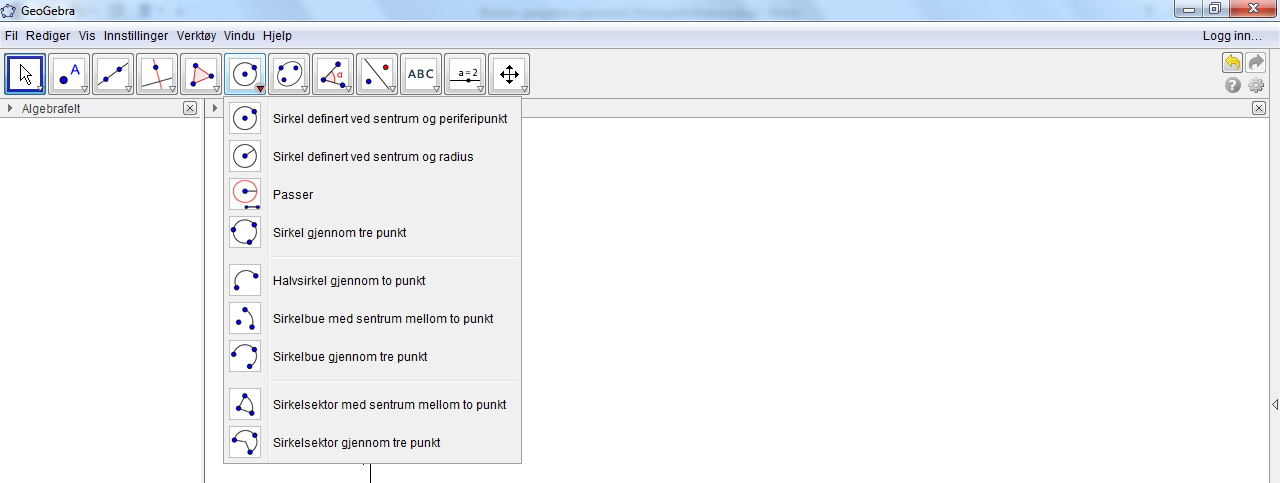 En kan også tegne inn sirkler i GeoGebra. Det gjør du ved å klikke på knappen som er vist under. Her er det de to øverste valgene som er de vi skal bruke.