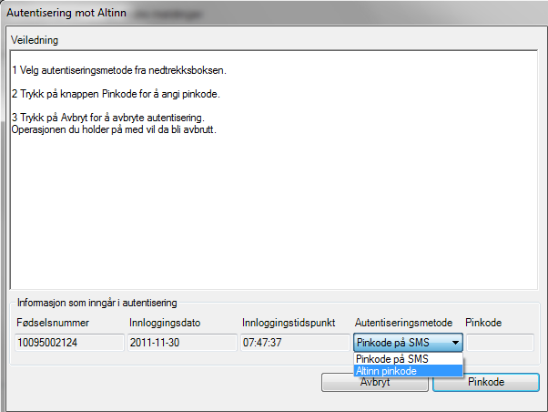 2. Du vil få opp et autentiseringsbilde mot Altinn hvor du kan velge å autentisere deg med pinkode på SMS eller pinkode fra Altinn-brev. 3. Velg den måten du ellers bruker for å logge deg på Altinn.