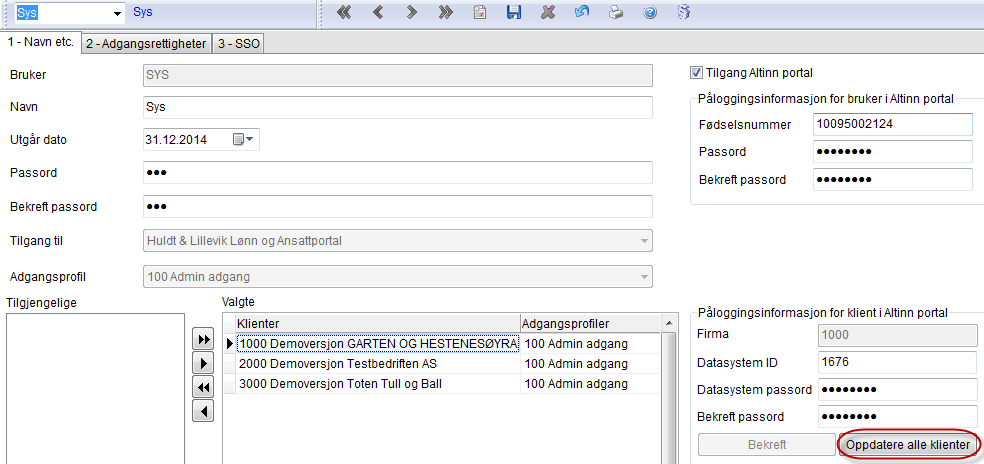 5. Hvis du har flere klienter og skal benytte samme datasystem ID og passord på alle klientene, registrerer du datasystem ID og passord og klikker Oppdater alle klienter. 6.