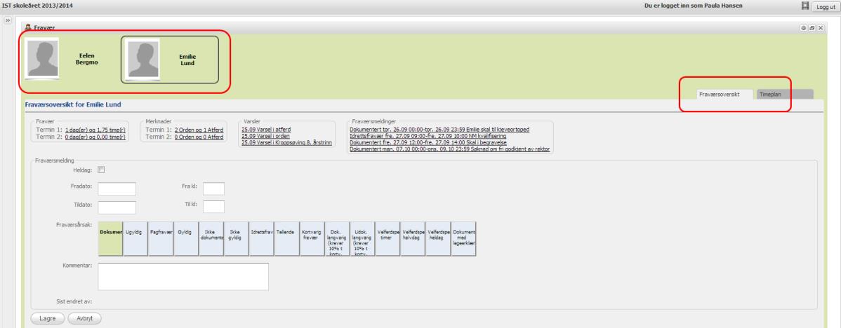Oppstartsbilde Når du kommer inn i Fravær ser du de elevene du har tilgang til øverst til venstre.