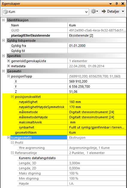 Geometri Hver geometri, med unntak av flater, har ett sett med egenskaper som sier noe om; kvaliteten og nøyaktigheten til geometrien hvor den ligger, høydereferanse, hvor på objektet geometrien