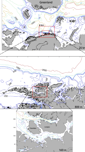 Ulike oppløsninger nivåer Ved modellering brytes strømbildet opp i ruter Norskekysten er modellert i storskala og SINMOD er etablert i høy oppløsning på 800x800 m fra Stadt og nordover Modellen er