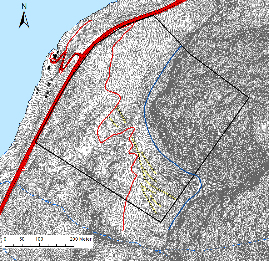 VEDLEGG 3: Skredfarevurdering Muggetegen steinuttak, Lærdal kommune VEDLEGG 3 Faresonekart, ekvidistanse 1 m, der faresonegrense for skred med årlig
