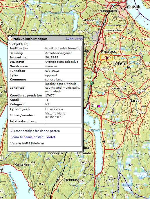 For noen arter med sensitiv lokalisering er ikke eksakt plassering og lokalitetsnavn oppgitt (skjules for den allmenne bruker, men er lagret i Artskart som database) lokaliseringen