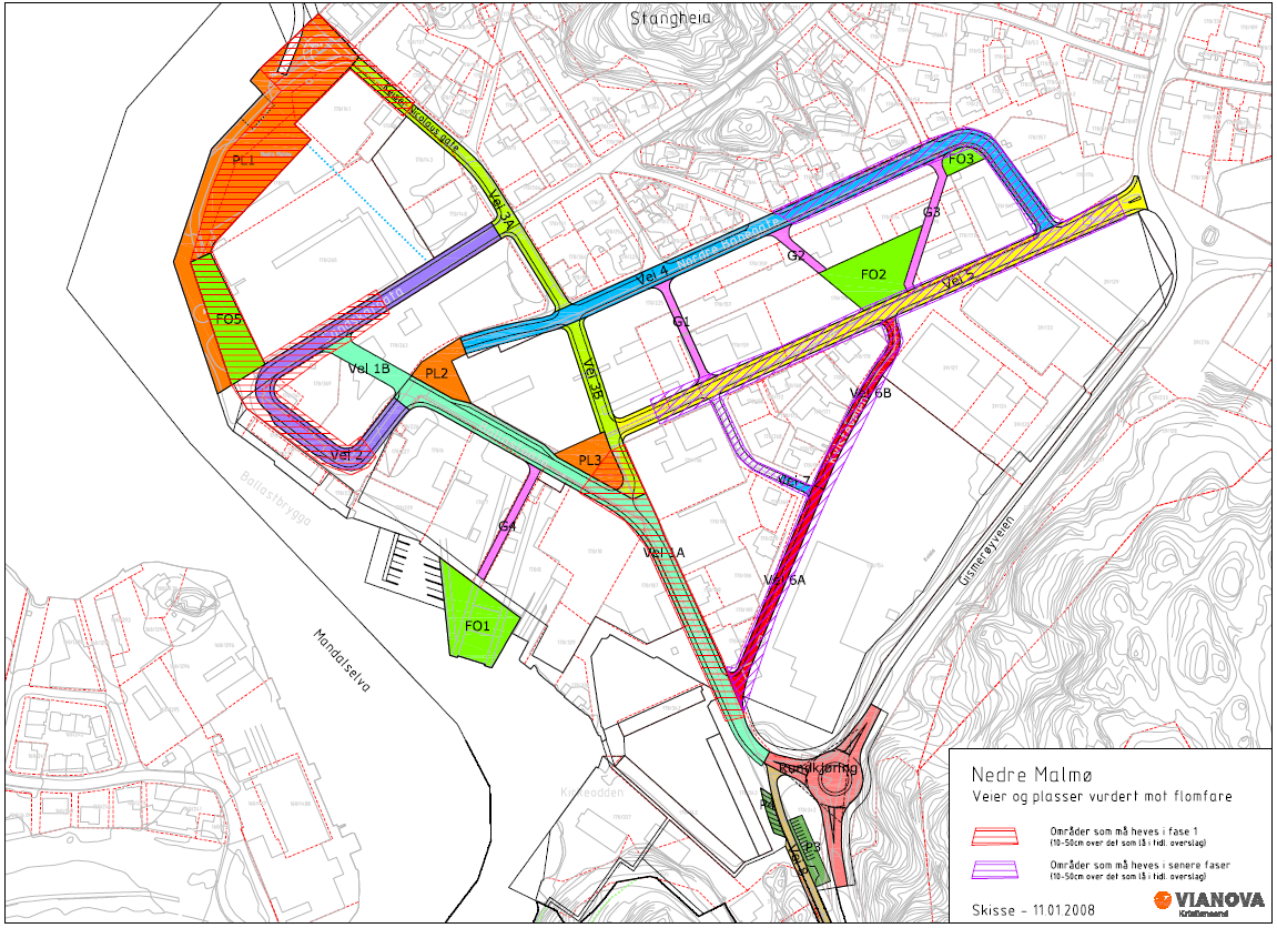 Fellesanlegg og kostnader Gang- og sykkelbro over elva Elvepromenade, inkl bro over innseiling til småbåthavn Rundkjøring kryss Grønneviksveien/Gismerøyveien Oppgradering av kjøreveier med fortau,