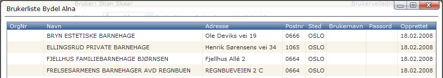 Brukerliste Brukerliste med barnehagenes organisasjonsnr., navn, adresse, postnr., sted, brukernavn, passord og opprettelsesdato kan genereres på kommunenivå. 1.