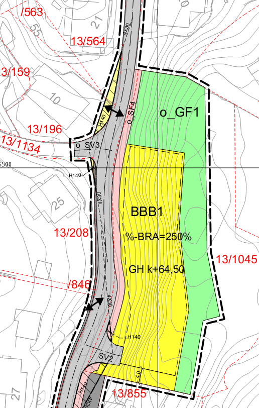 Utsnitt av plankart datert 17.1.2014 med illustrasjon Bebyggelsen er, jf. retningsgivende illustrasjonsplan, foreslått delt opp i tre lavblokker på inn til 3 etasjer med en tilbaketrukket 4.