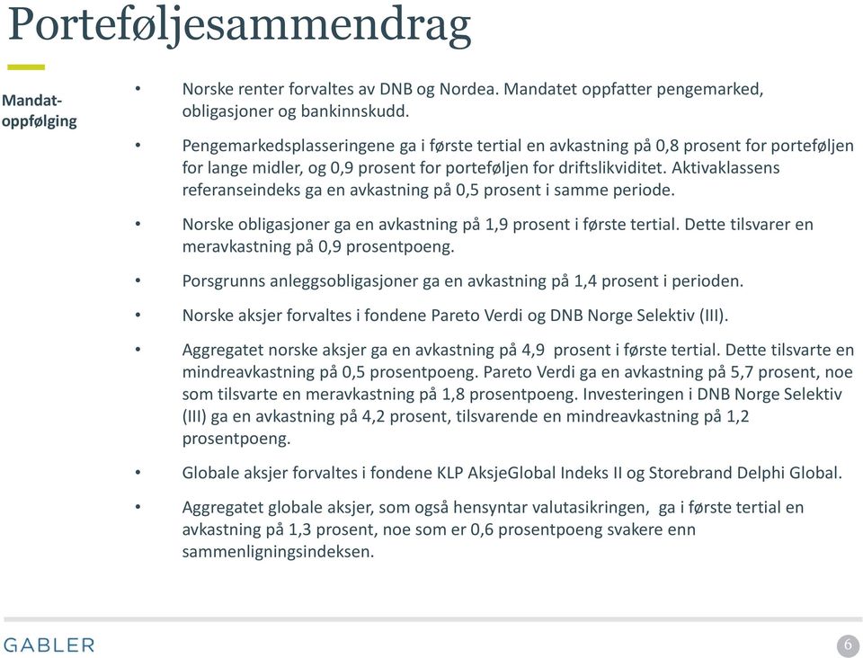 Aktivaklassens referanseindeks ga en avkastning på 0,5 prosent i samme periode. Norske obligasjoner ga en avkastning på 1,9 prosent i første tertial.