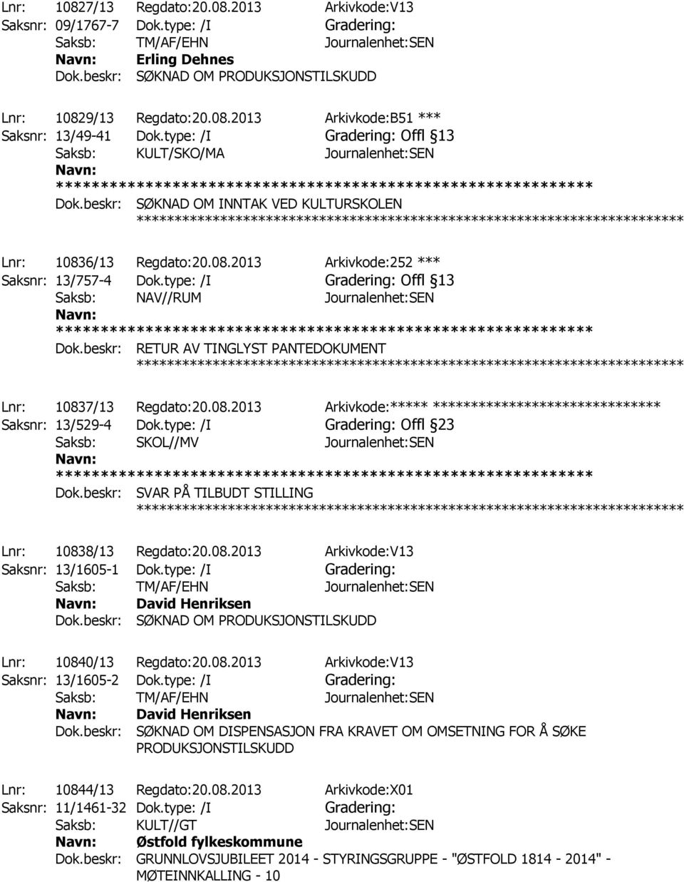 type: /I Offl 13 Saksb: NAV//RUM Journalenhet:SEN Dok.beskr: RETUR AV TINGLYST PANTEDOKUMENT ************ Lnr: 10837/13 Regdato:20.08.2013 Arkivkode:***** ****************************** Saksnr: 13/529-4 Dok.