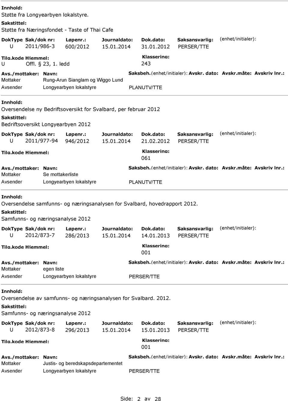 /mottaker: Navn: Saksbeh. vskr. dato: vskr.måte: vskriv lnr.: Mottaker Se mottakerliste LNTV/TTE Oversendelse samfunns- og næringsanalysen for Svalbard, hovedrapport 2012.