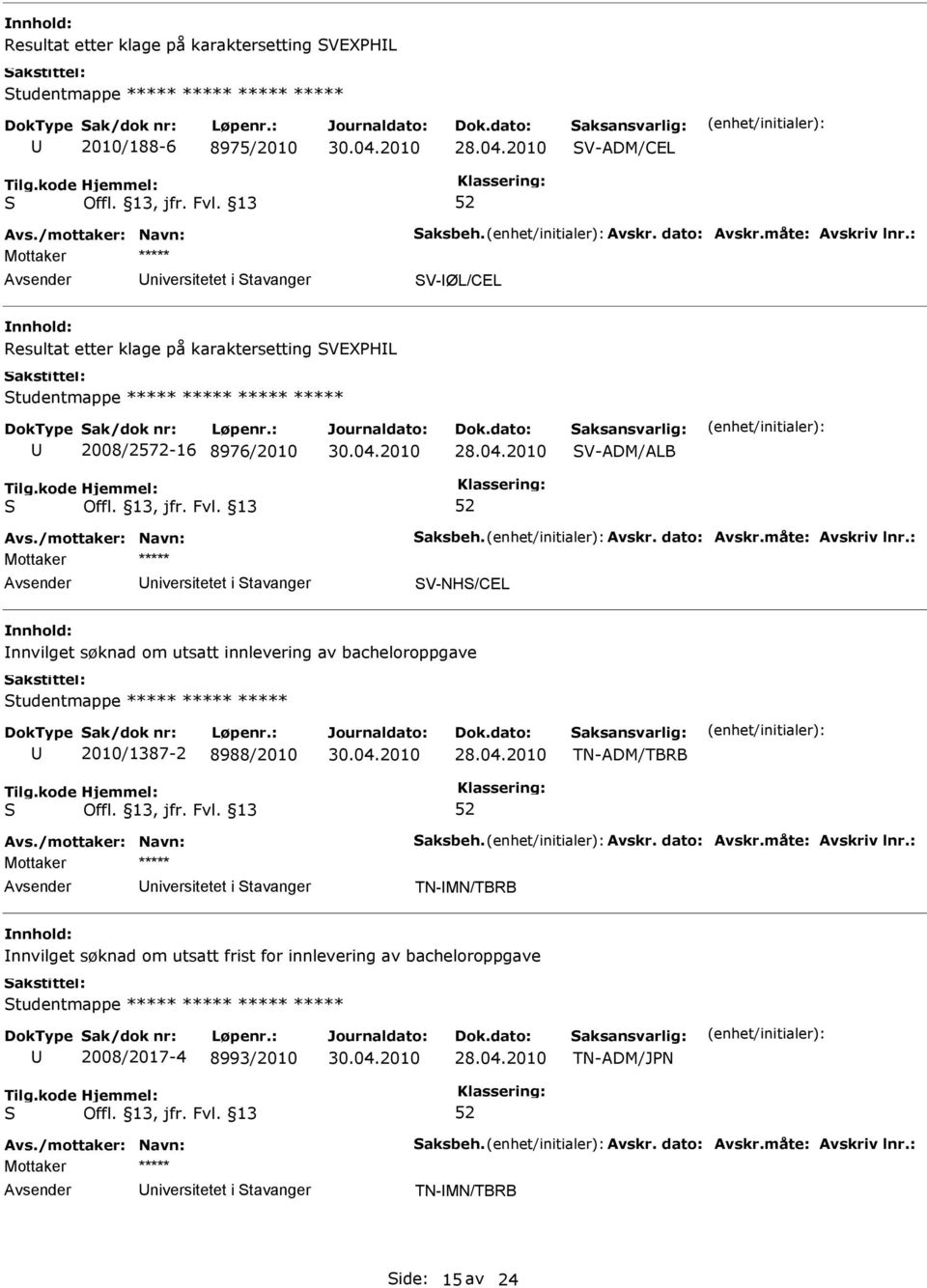 utsatt innlevering av bacheloroppgave tudentmappe ***** ***** ***** 2010/1387-2 8988/2010 TN-ADM/TBRB niversitetet i tavanger TN-MN/TBRB nnvilget søknad om