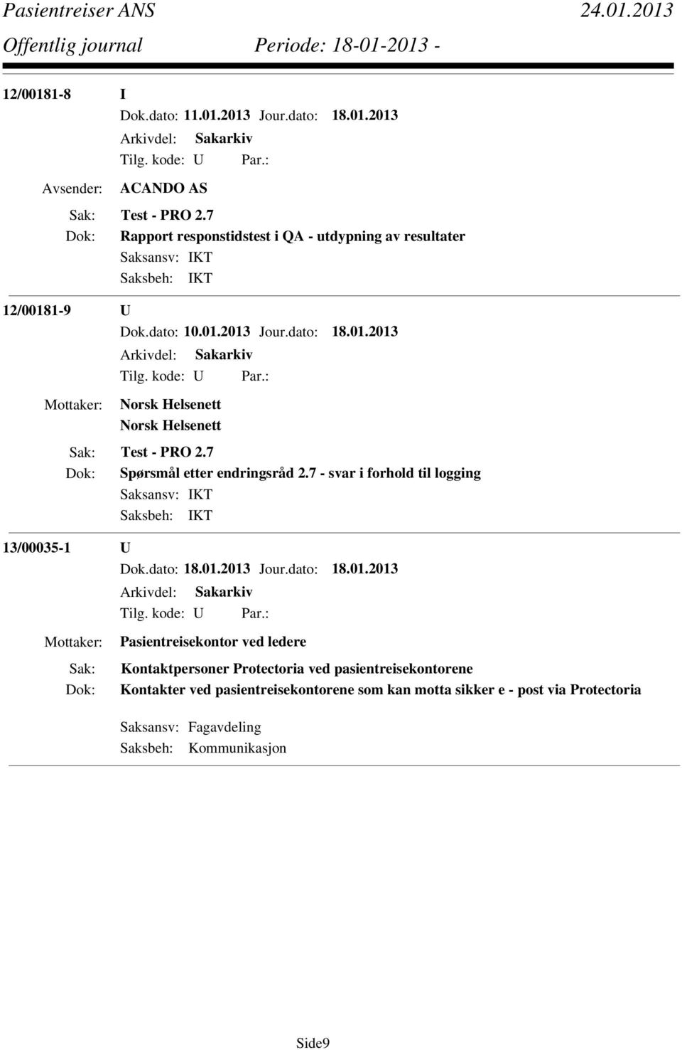 1-9 U Dok.dato: 10.01.2013 Jour.dato: 18.01.2013 Norsk Helsenett Norsk Helsenett Test - PRO 2.