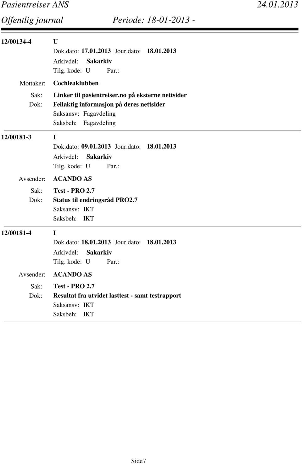 01.2013 Jour.dato: 18.01.2013 ACANDO AS Test - PRO 2.7 Status til endringsråd PRO2.