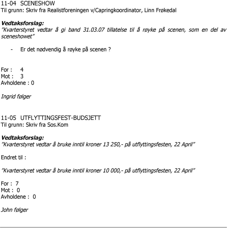 For : 4 Mot : 3 Avholdene : 0 Ingrid følger 11-05 UTFLYTTINGSFEST-BUDSJETT Til grunn: Skriv fra Sos.