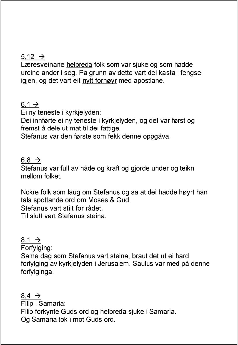 6,8 Stefanus var full av nåde og kraft og gjorde under og teikn mellom folket. Nokre folk som laug om Stefanus og sa at dei hadde høyrt han tala spottande ord om Moses & Gud.