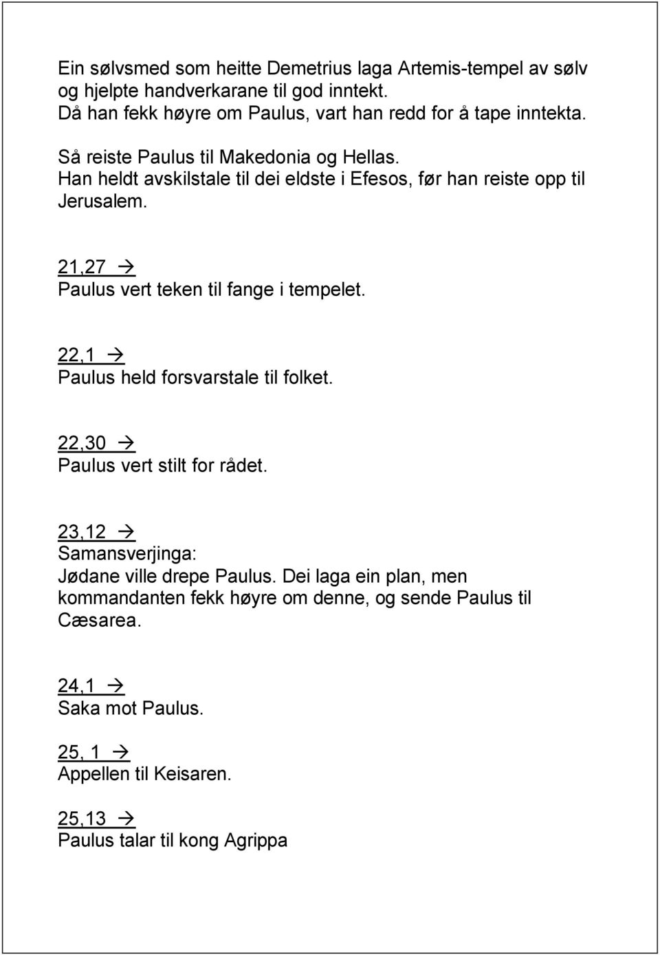 Han heldt avskilstale til dei eldste i Efesos, før han reiste opp til Jerusalem. 21,27 Paulus vert teken til fange i tempelet.