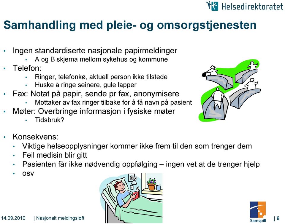 tilbake for å få navn på pasient Møter: Overbringe informasjon i fysiske møter Tidsbruk?