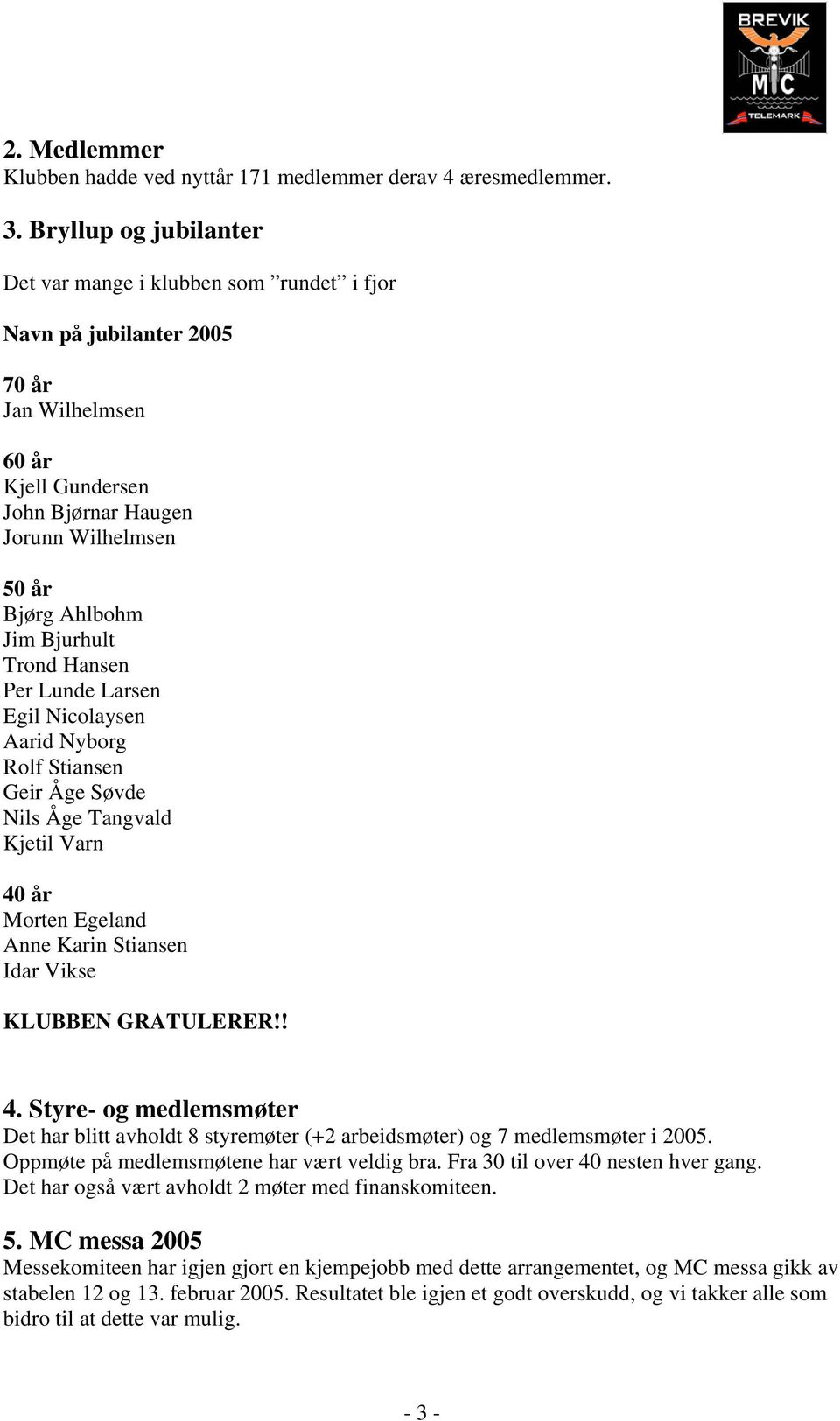 Bjurhult Trond Hansen Per Lunde Larsen Egil Nicolaysen Aarid Nyborg Rolf Stiansen Geir Åge Søvde Nils Åge Tangvald Kjetil Varn 40 år Morten Egeland Anne Karin Stiansen Idar Vikse KLUBBEN GRATULERER!