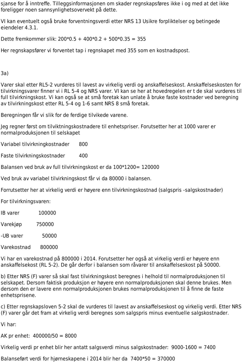 35 = 355 Her regnskapsfører vi forventet tap i regnskapet med 355 som en kostnadspost. 3a) Varer skal etter RL5-2 vurderes til lavest av virkelig verdi og anskaffelseskost.