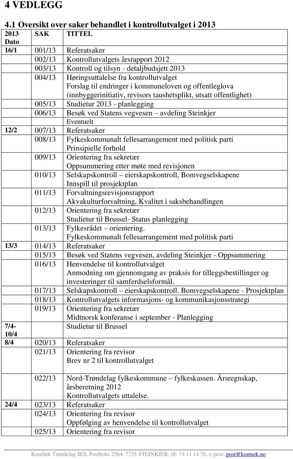 Høringsuttalelse fra kontrollutvalget Forslag til endringer i kommuneloven og offentleglova (innbyggerinitiativ, revisors taushetsplikt, utsatt offentlighet) 005/13 Studietur 2013 - planlegging