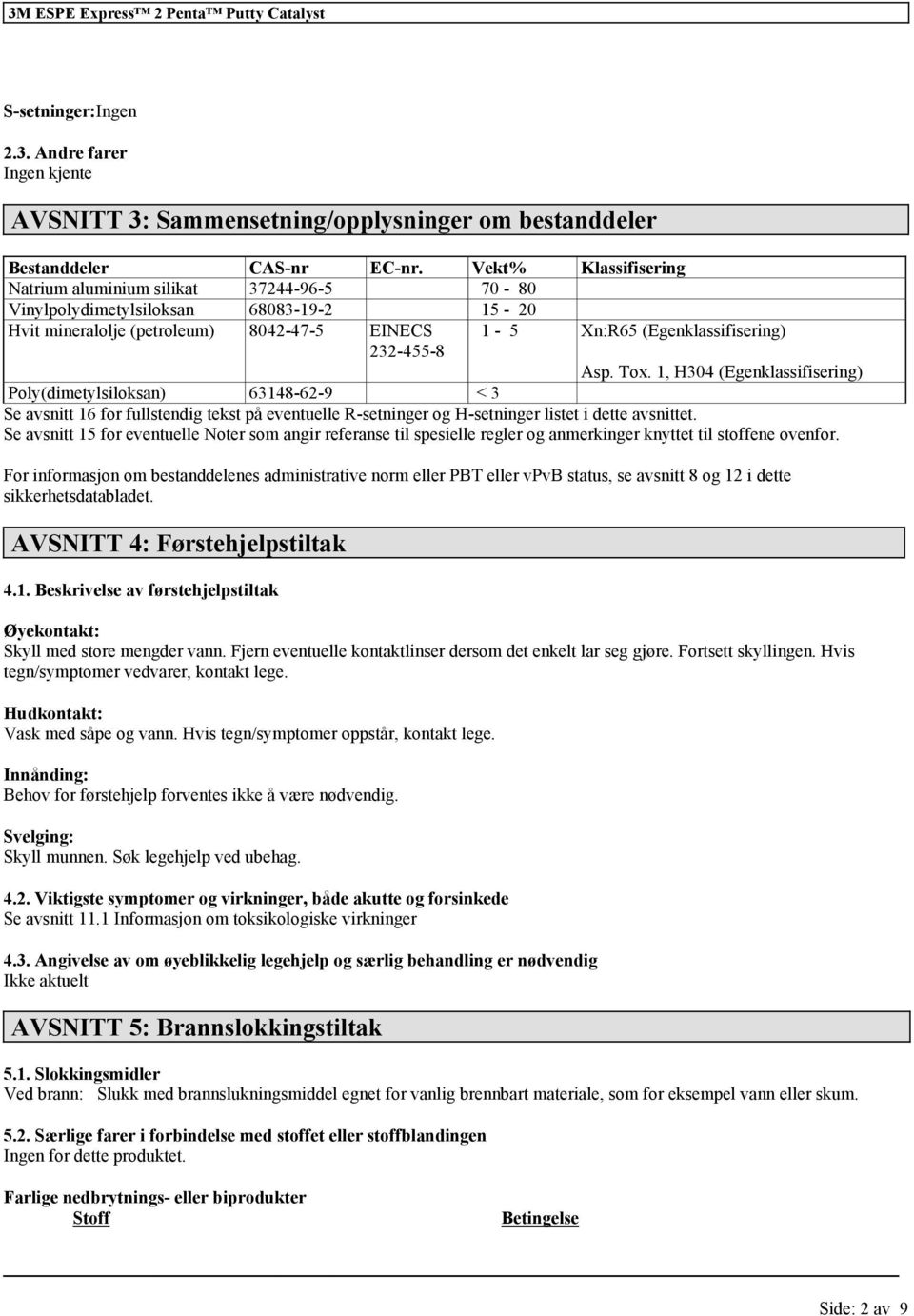 1, H304 (Egenklassifisering) Poly(dimetylsiloksan) 63148-62-9 < 3 Se avsnitt 16 for fullstendig tekst på eventuelle R-setninger og H-setninger listet i dette avsnittet.