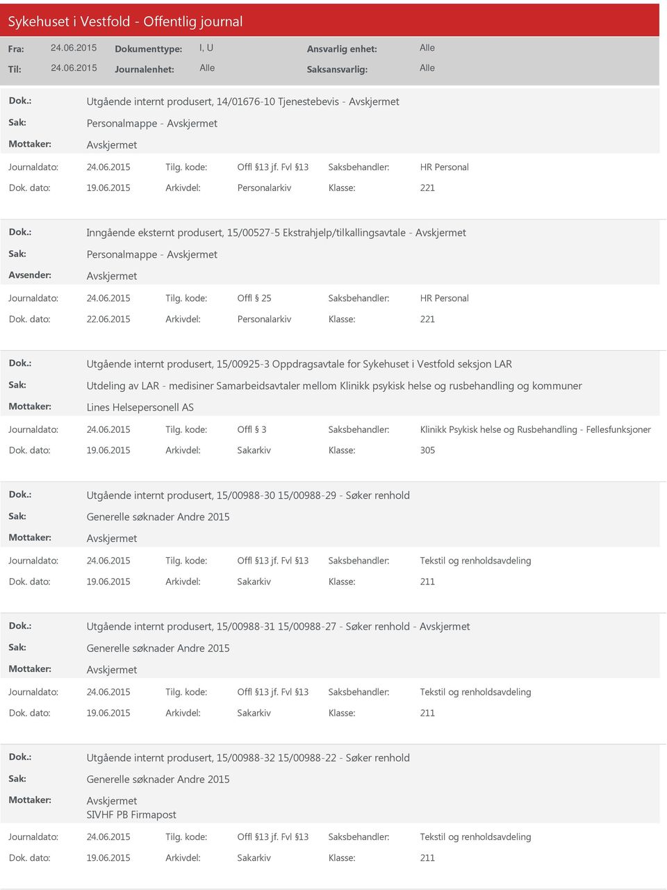 2015 Arkivdel: Personalarkiv Utgående internt produsert, 15/00925-3 Oppdragsavtale for Sykehuset i Vestfold seksjon LAR Utdeling av LAR - medisiner Samarbeidsavtaler mellom Klinikk psykisk helse og