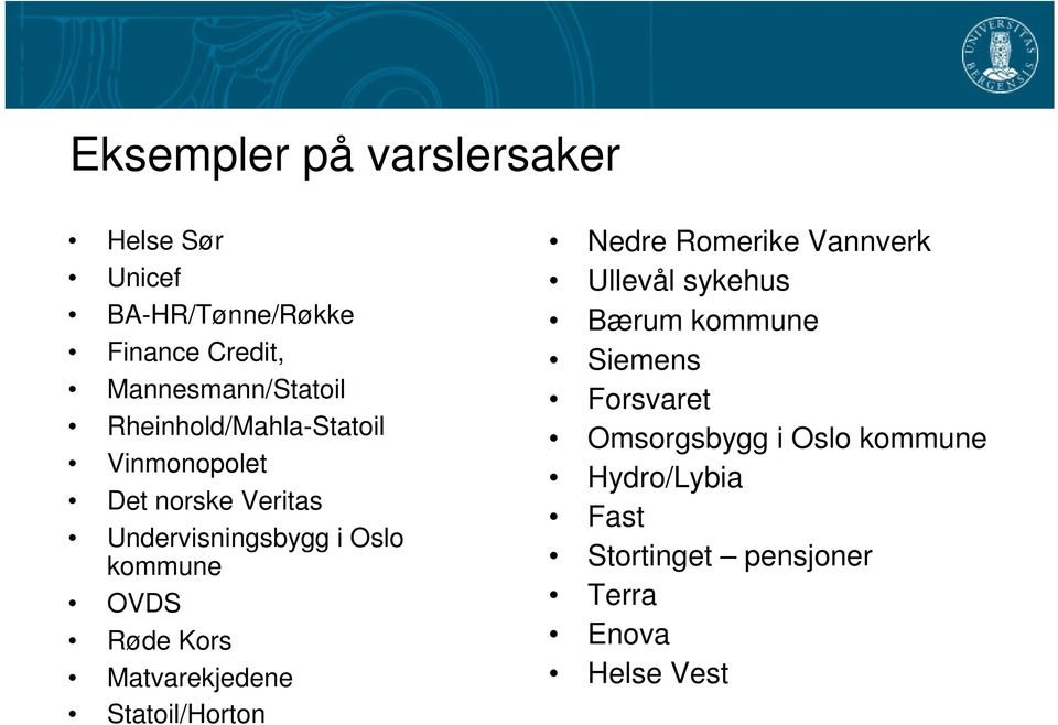 Røde Kors Matvarekjedene Statoil/Horton Nedre Romerike Vannverk Ullevål sykehus Bærum kommune