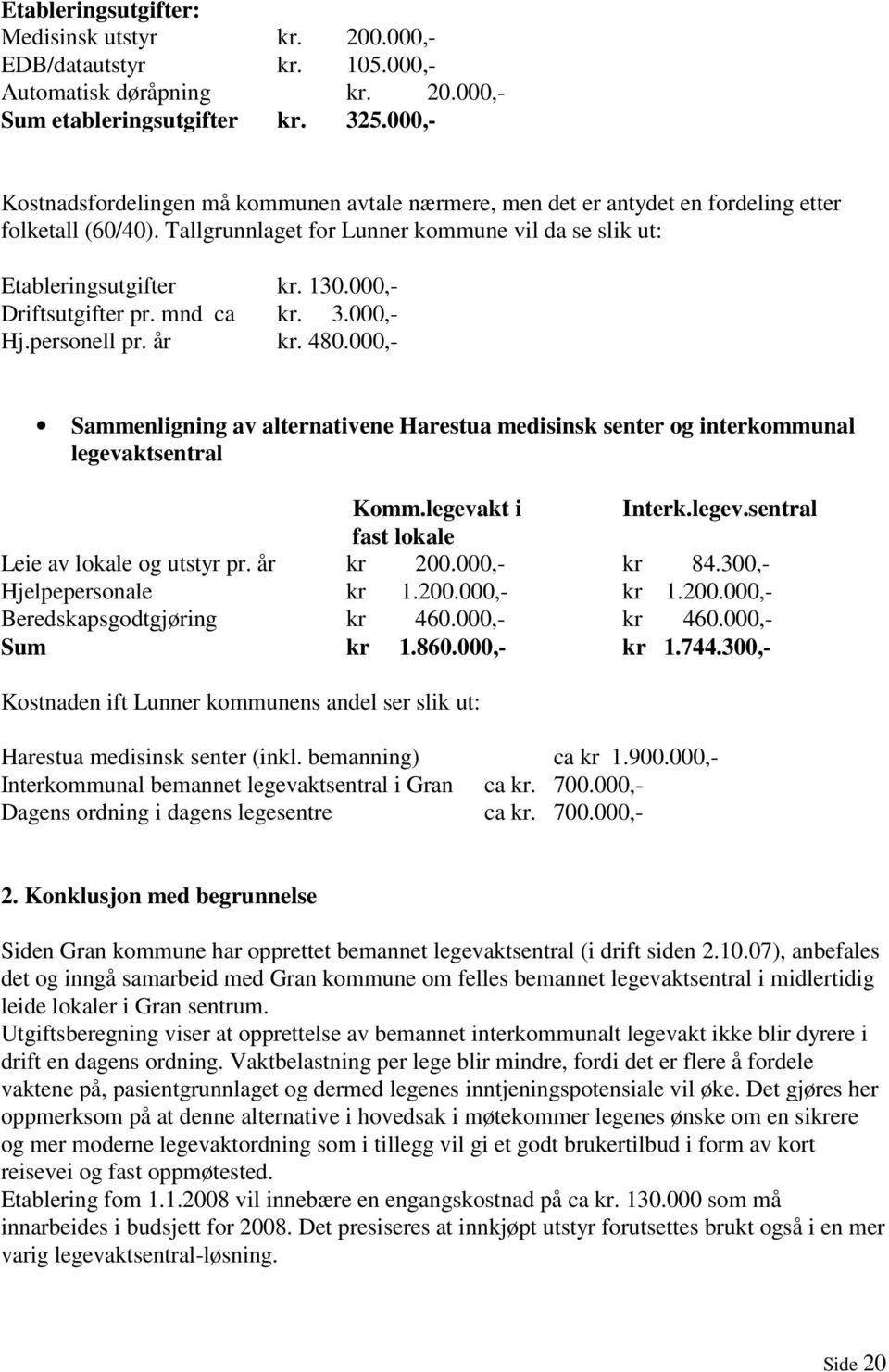 000,- Driftsutgifter pr. mnd ca kr. 3.000,- Hj.personell pr. år kr. 480.000,- Sammenligning av alternativene Harestua medisinsk senter og interkommunal legeva