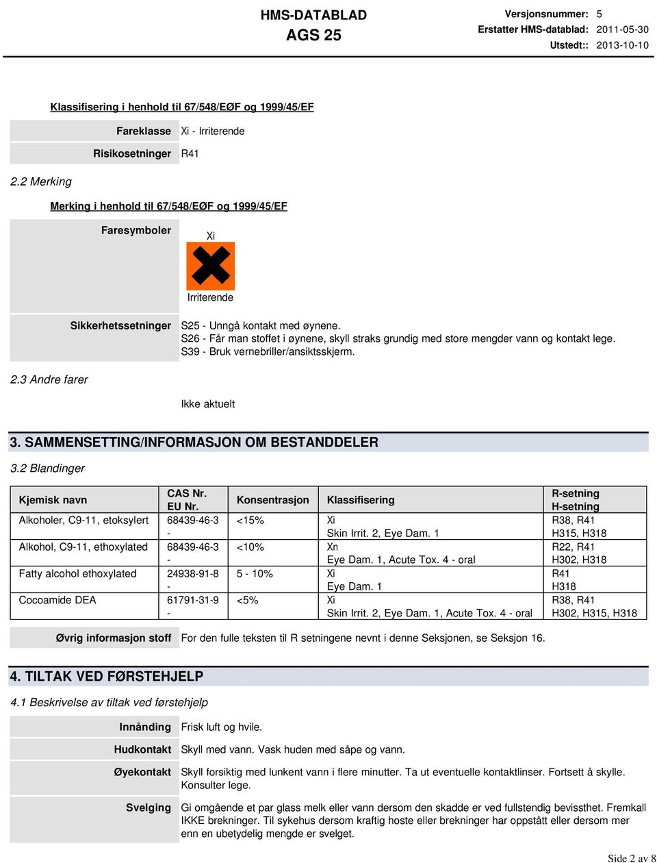 S26 - Får man stoffet i øynene, skyll straks grundig med store mengder vann og kontakt lege. S39 - Bruk vernebriller/ansiktsskjerm. 2.3 Andre farer 3. SAMMENSETTING/INFORMASJON OM BESTANDDELER 3.